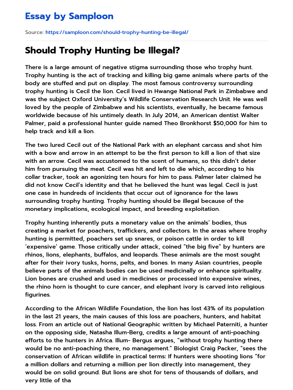 ≫ Should Trophy Hunting be Illegal? Free Essay Sample on
