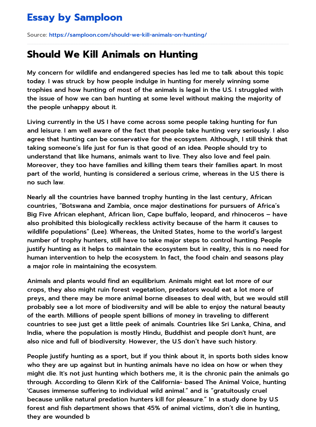 ≫ Should We Kill Animals on Hunting Free Essay Sample on