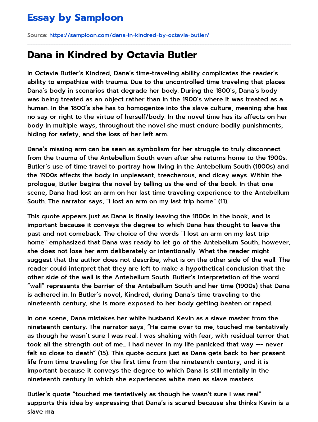 ≫ Dana in Kindred by Octavia Butler Free Essay Sample on