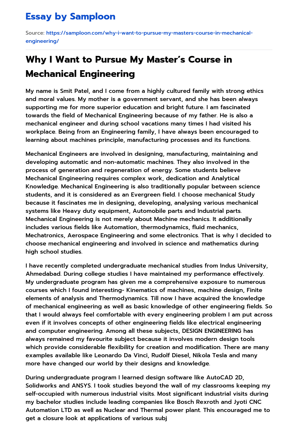 ≫ Why I Want to Pursue My Master’s Course in Mechanical Engineering