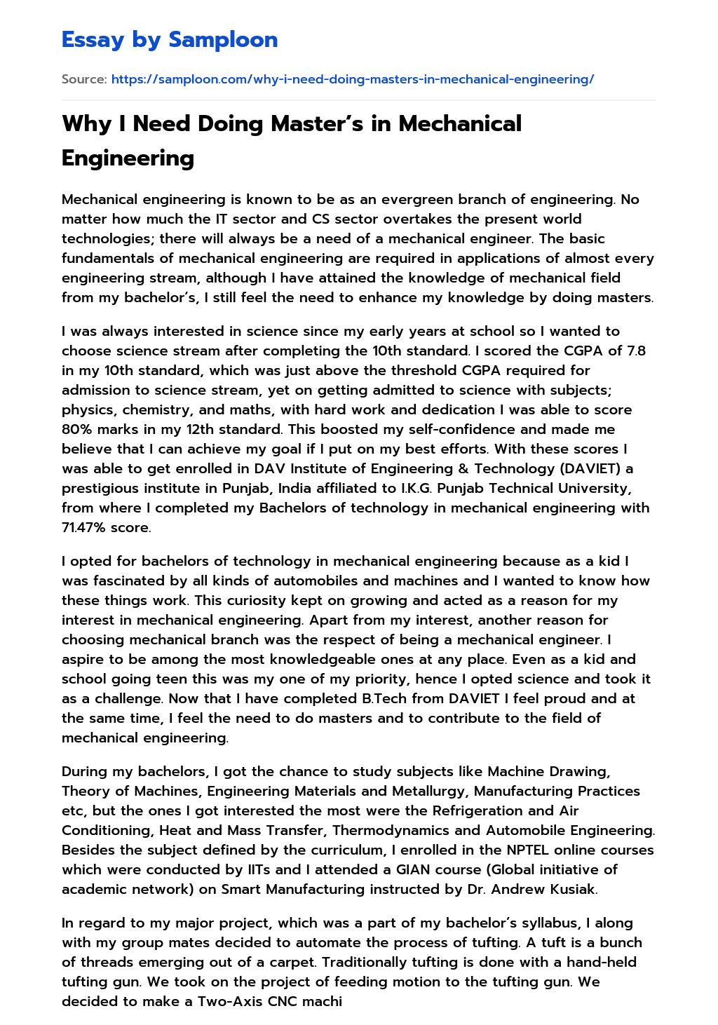 ≫ Why I Need Doing Master’s in Mechanical Engineering Free Essay Sample
