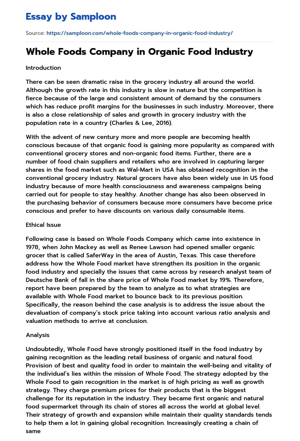 ≫ Whole Foods Company in Organic Food Industry Free Essay Sample on