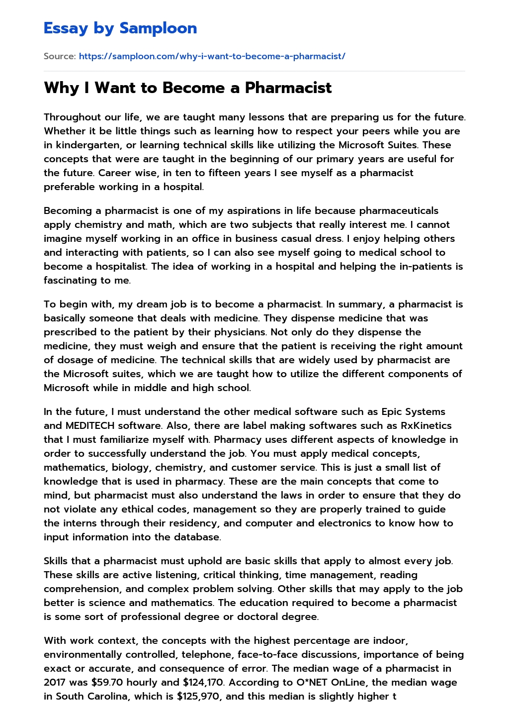 ≫ Why I Want to a Pharmacist Free Essay Sample on