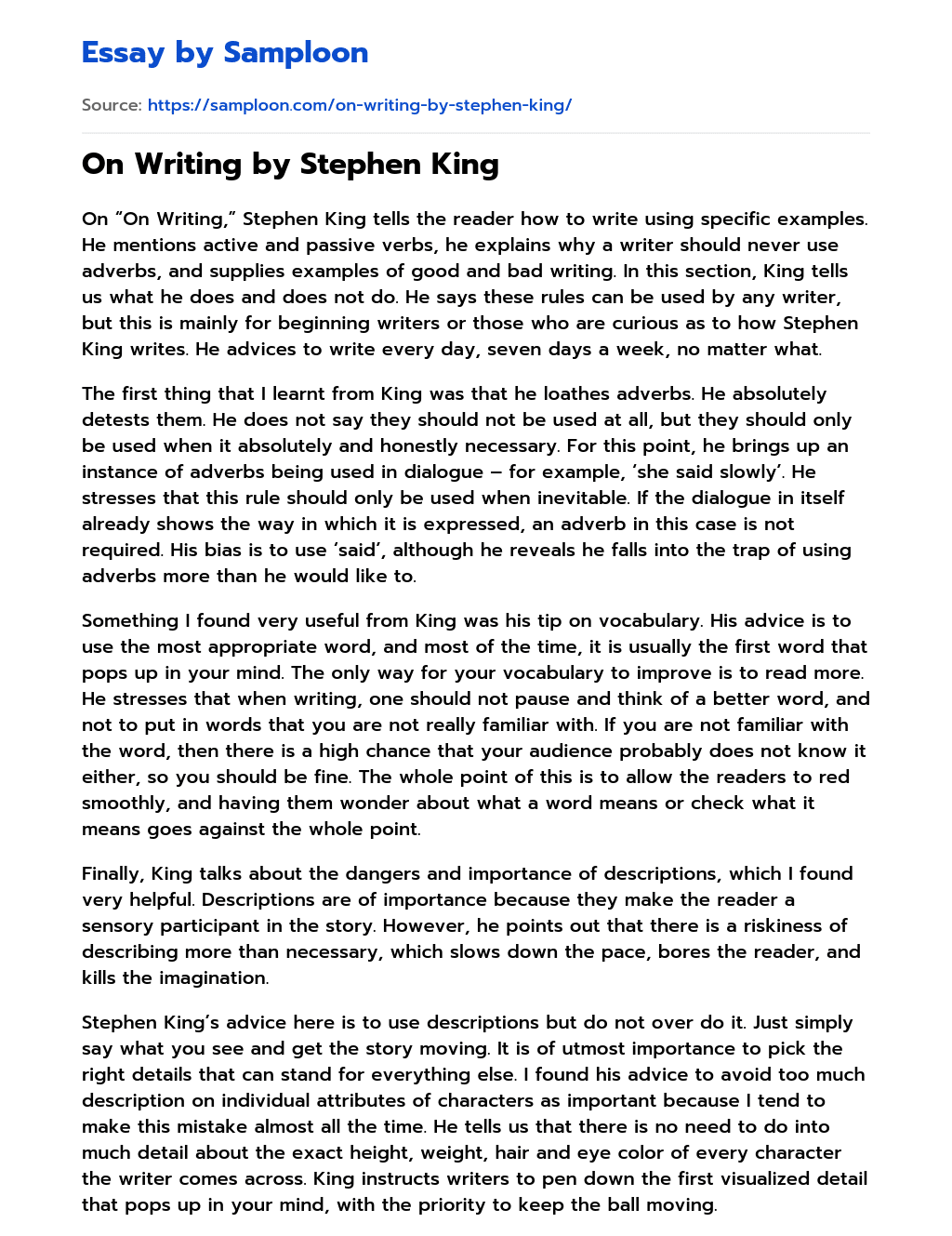 ≫ On Writing by Stephen King Free Essay Sample on