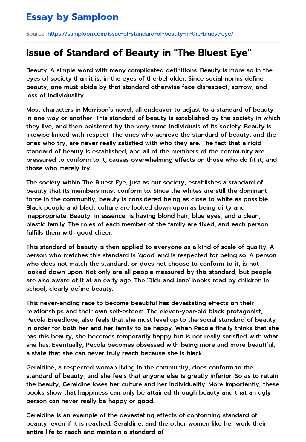 ≫ Issue of Standard of Beauty in "The Bluest Eye" Free Essay Sample on