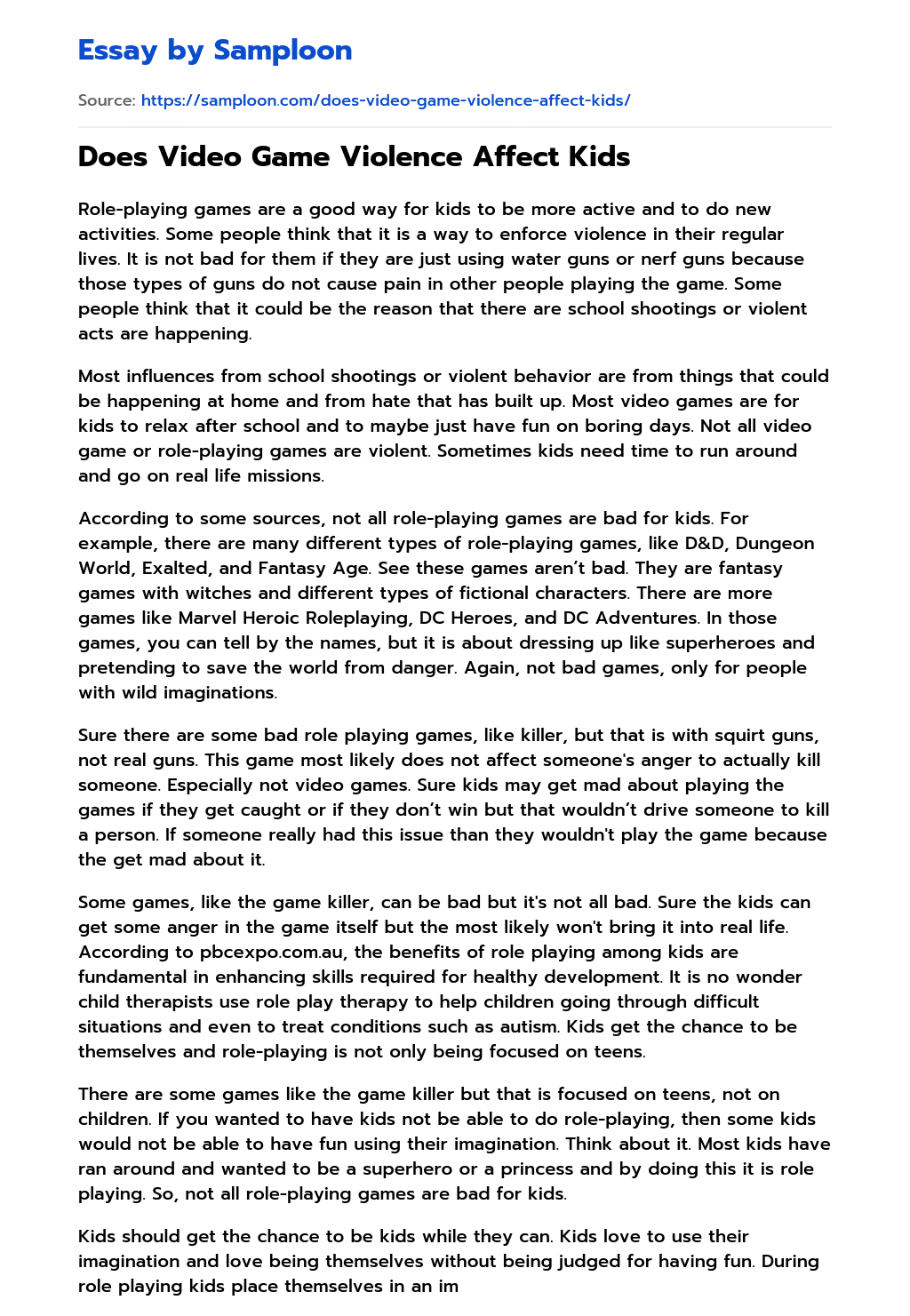 ≫ Does Video Game Violence Affect Kids Free Essay Sample on