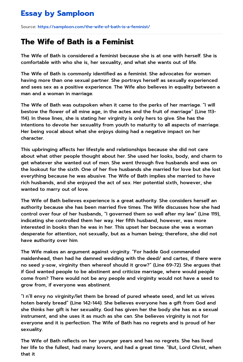 ≫ The Wife of Bath is a Feminist Free Essay Sample on