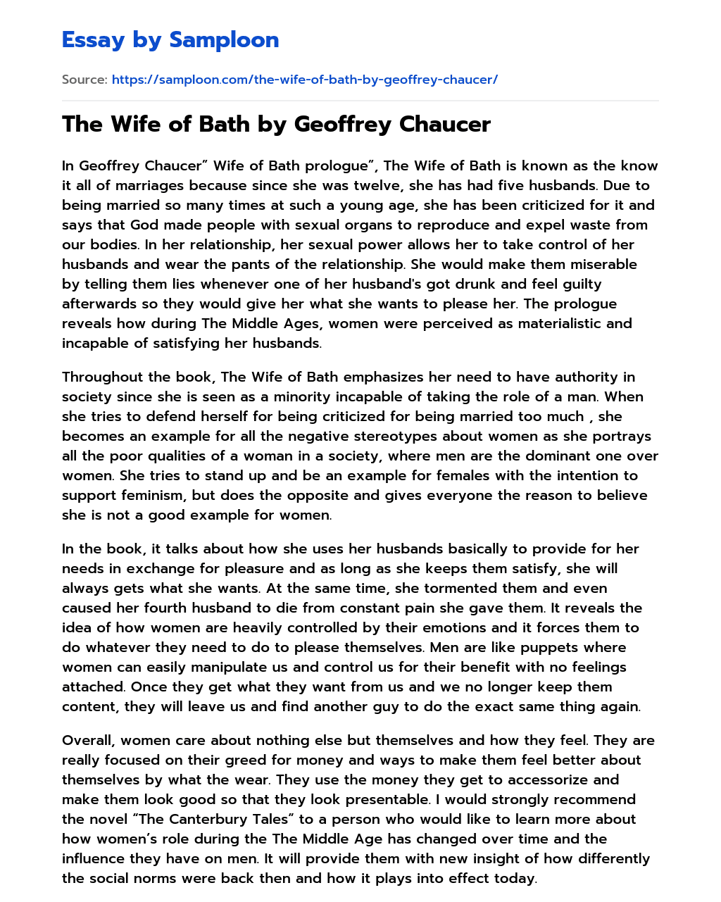 ≫ The Wife of Bath by Geoffrey Chaucer Free Essay Sample on