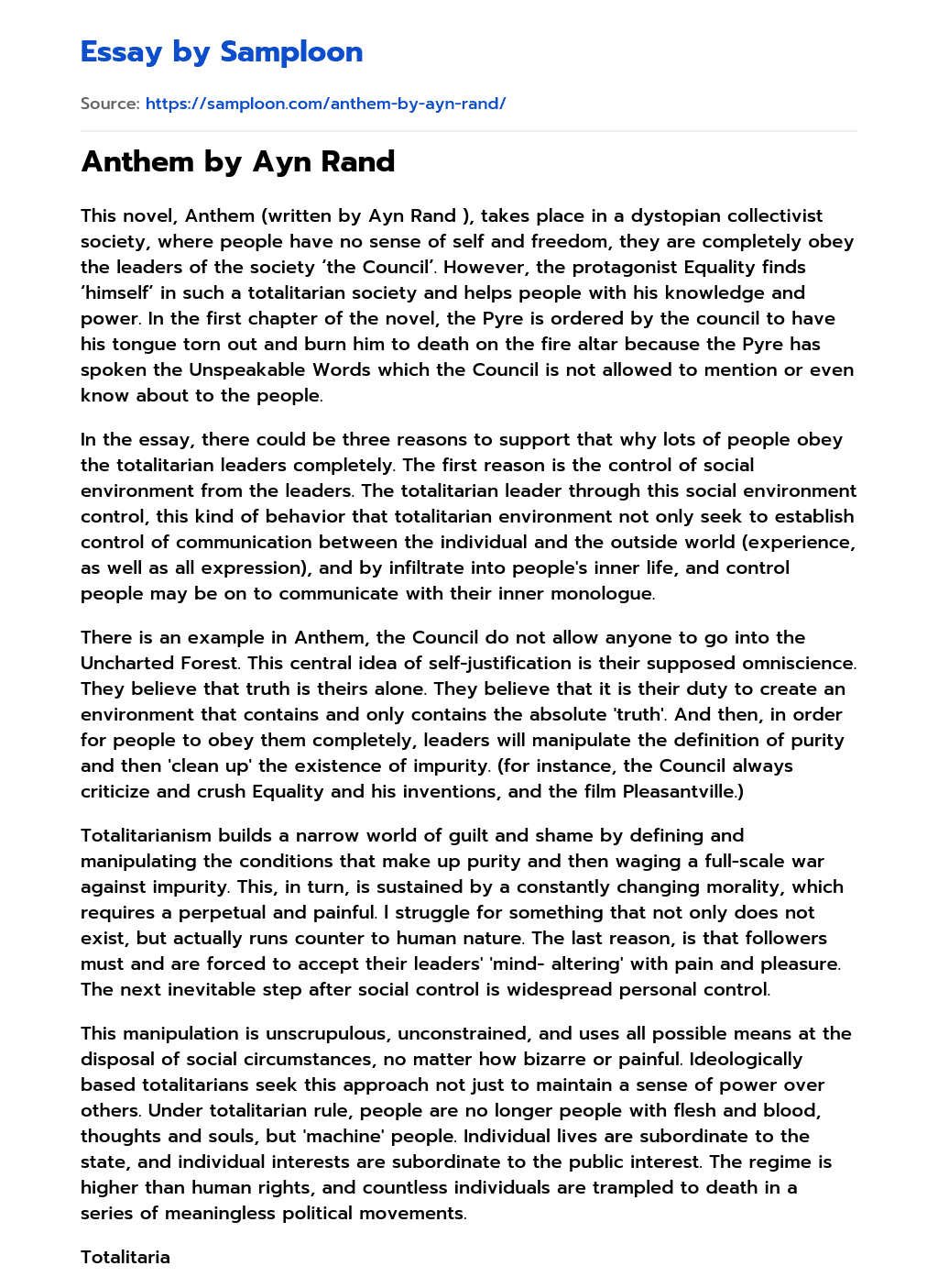 ≫ Anthem by Ayn Rand Free Essay Sample on