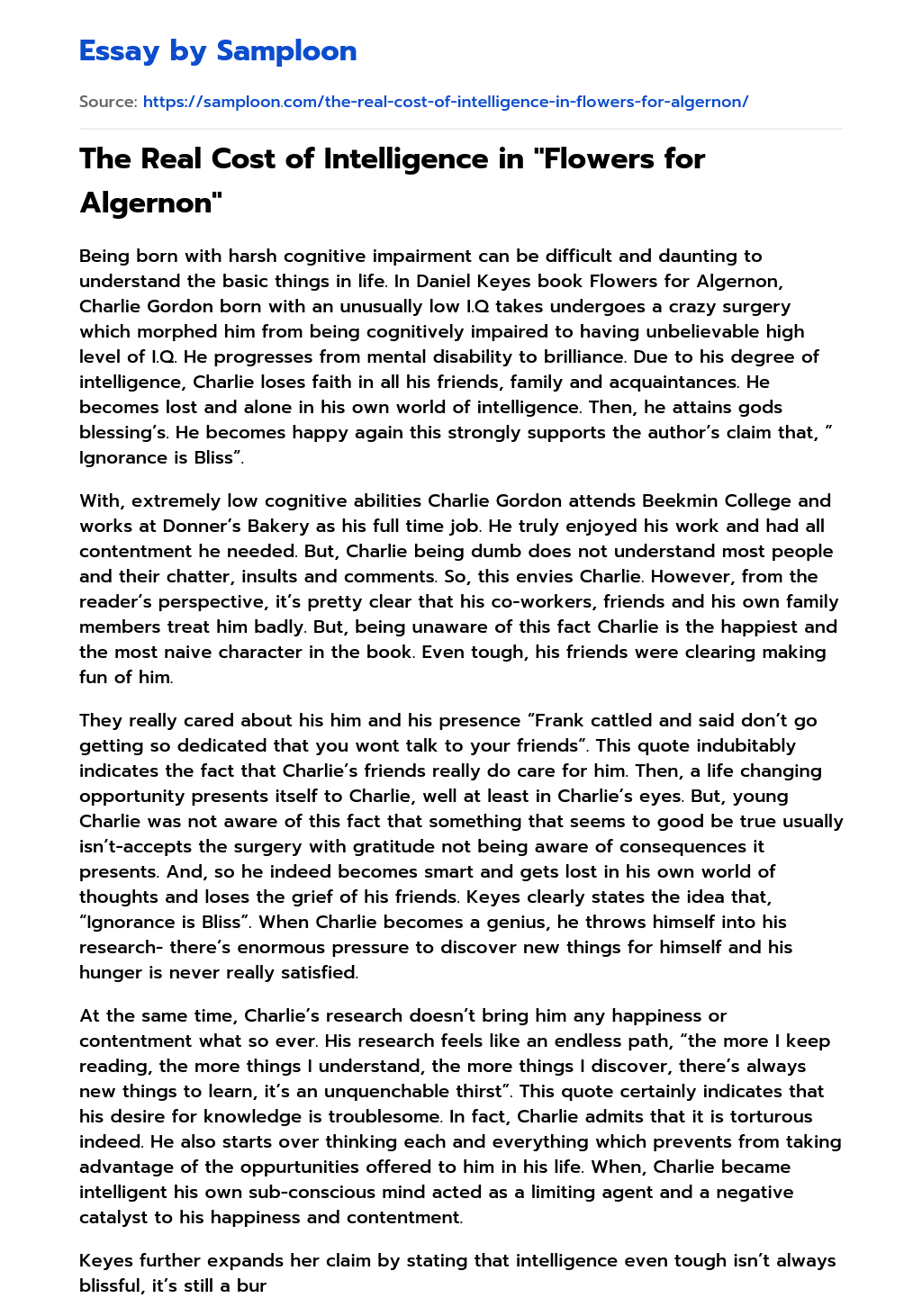 ≫ The Real Cost of Intelligence in "Flowers for Algernon" Free Essay