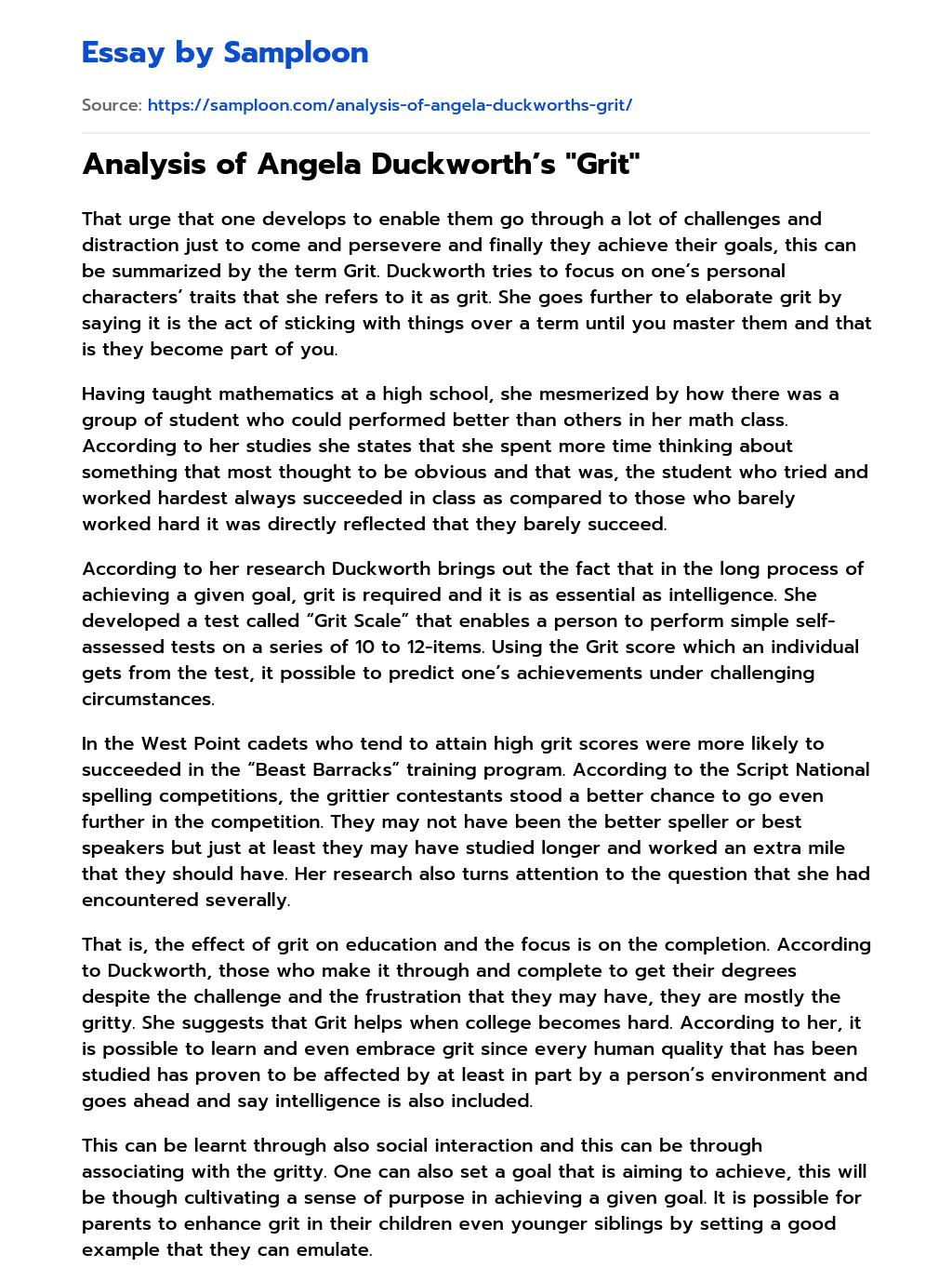 ≫ Analysis of Angela Duckworth’s "Grit" Free Essay Sample on