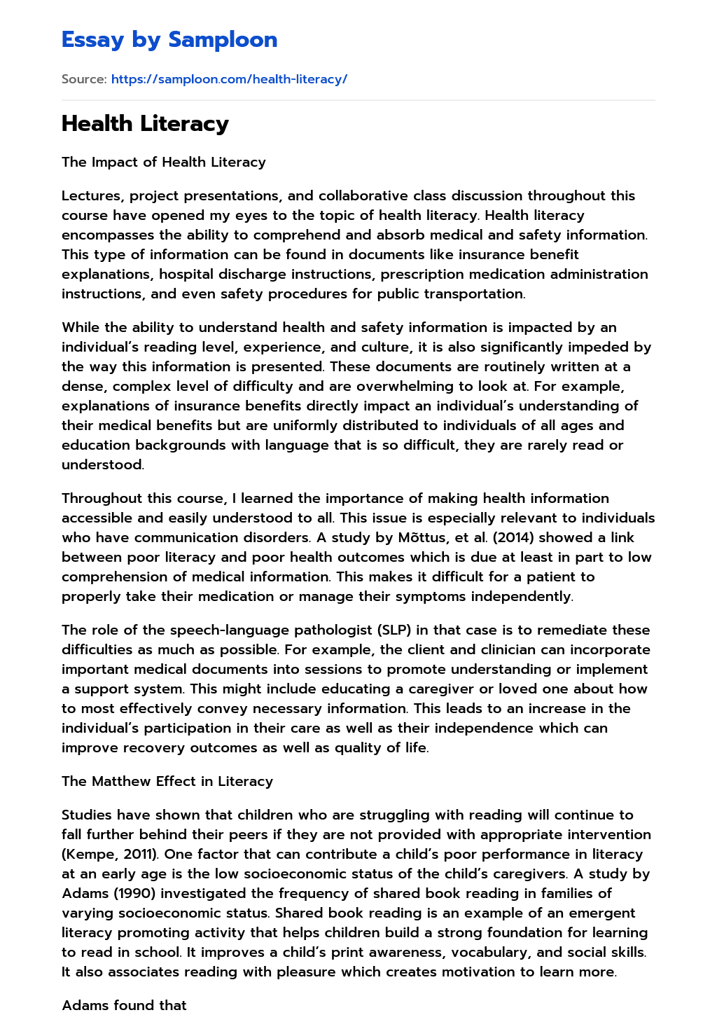 ≫ Health Literacy Free Essay Sample on