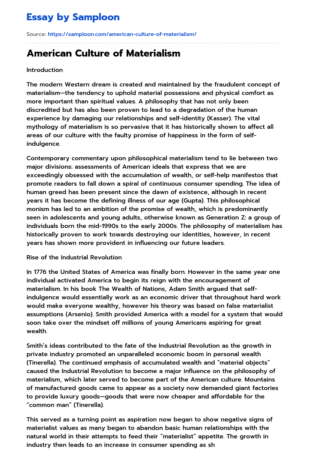 ≫ American Culture of Materialism Free Essay Sample on