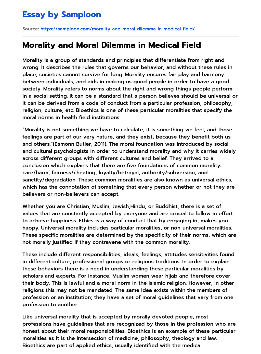 ≫ Morality and Moral Dilemma in Medical Field Free Essay Sample on