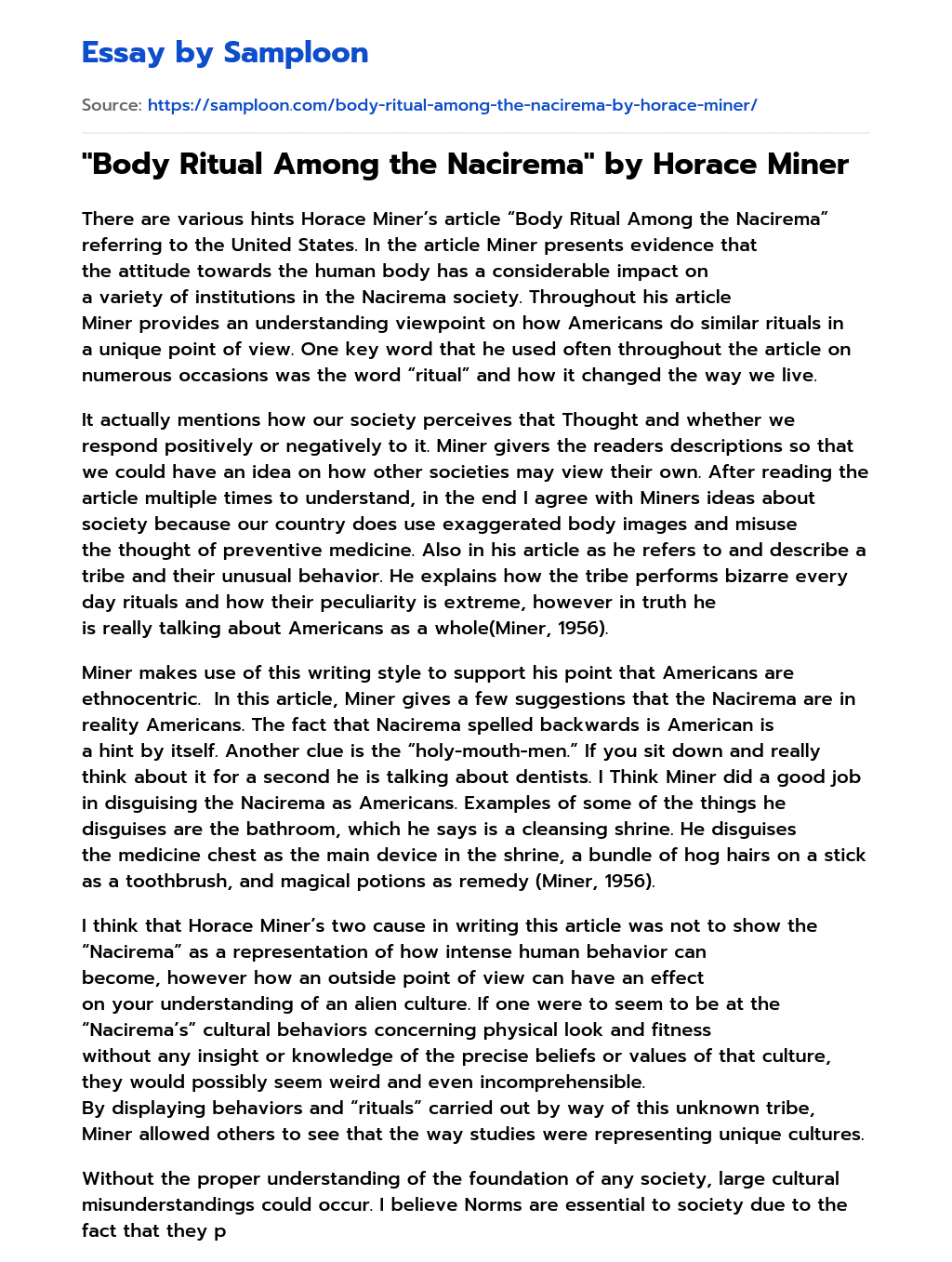 "Body Ritual Among the Nacirema" by Horace Miner Free Essay Sample on