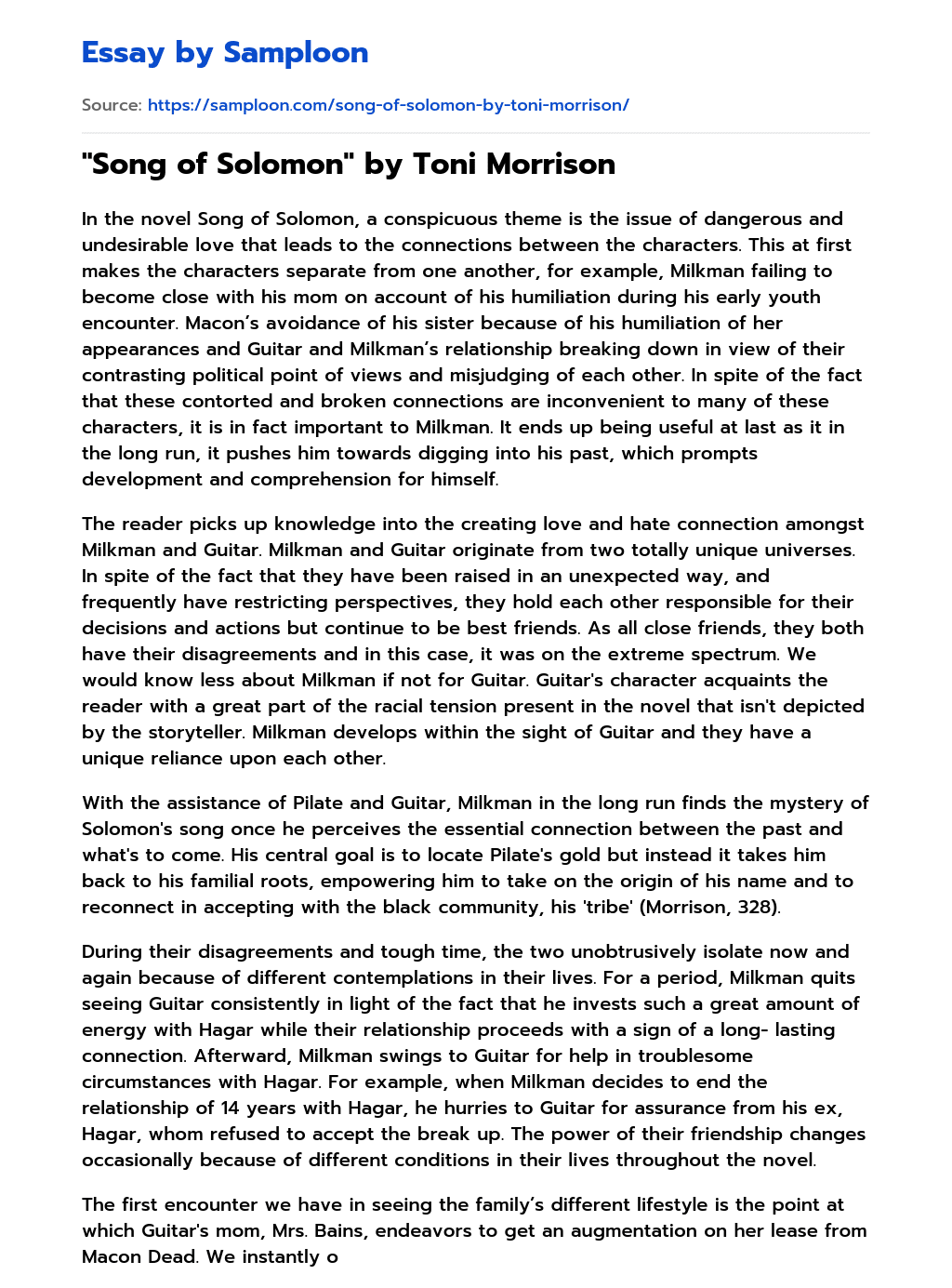 ≫ "Song of Solomon" by Toni Morrison Free Essay Sample on