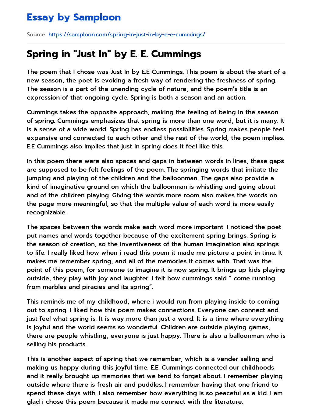 Spring in "Just In" by E. E. Cummings Free Essay Sample on