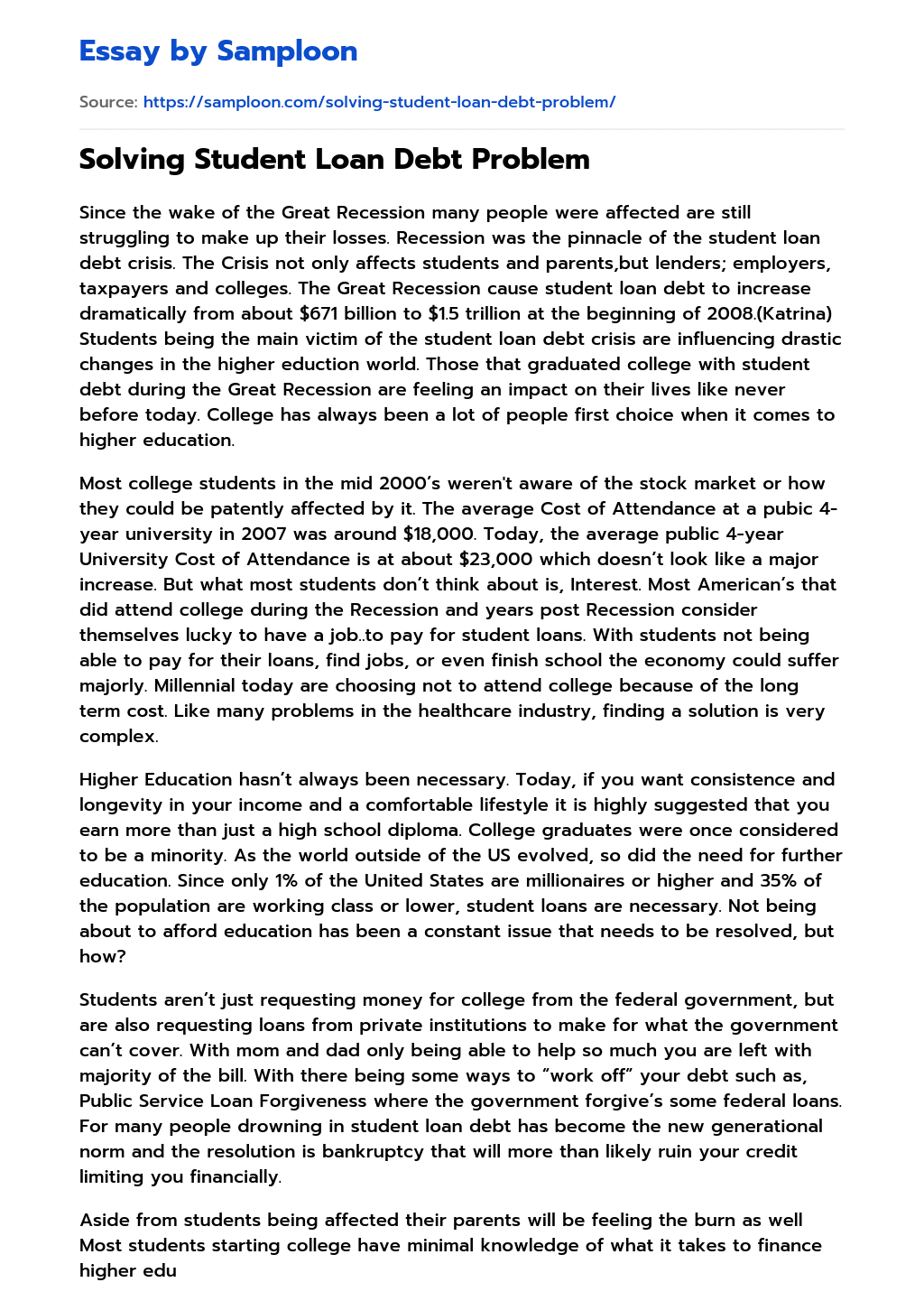 ≫ Solving Student Loan Debt Problem Free Essay Sample on