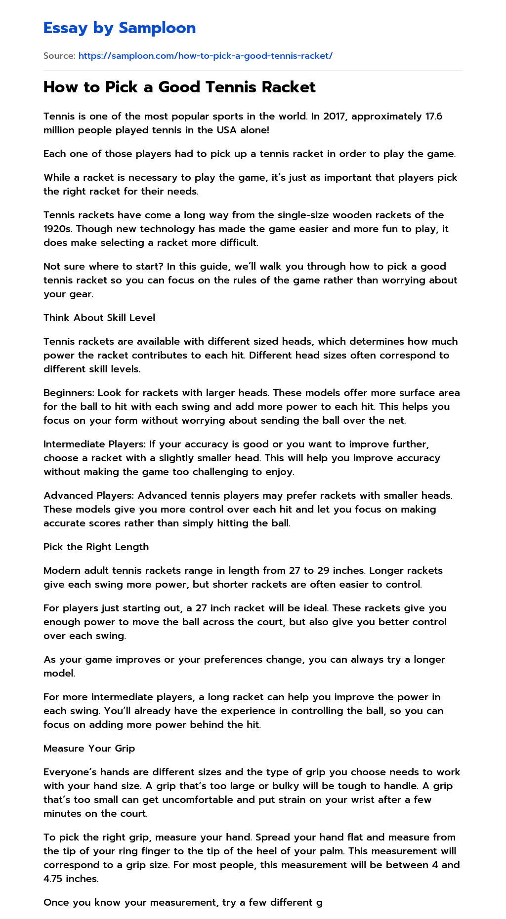 ≫ How to Pick a Good Tennis Racket Free Essay Sample on