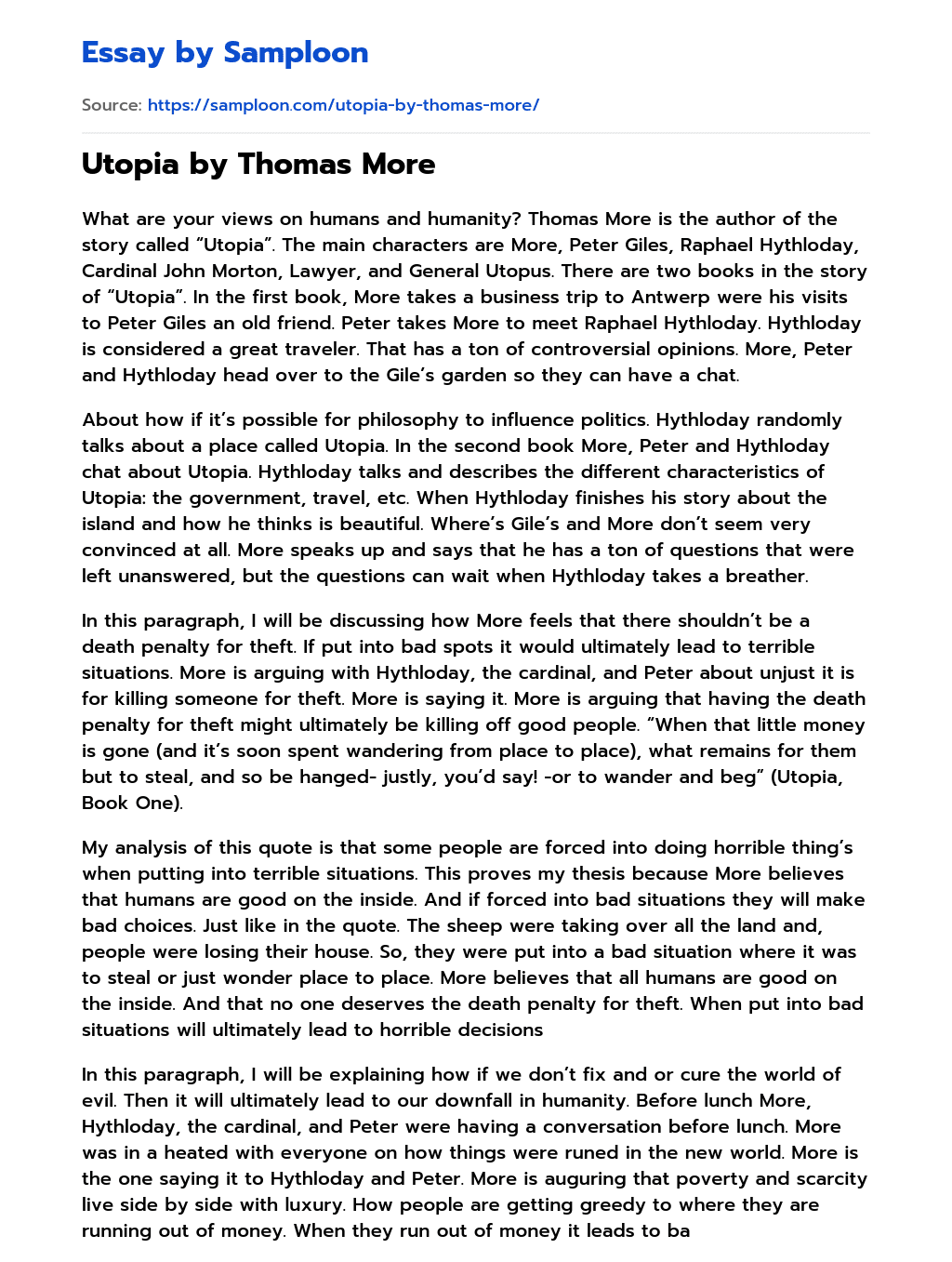 ≫ Utopia by Thomas More Free Essay Sample on