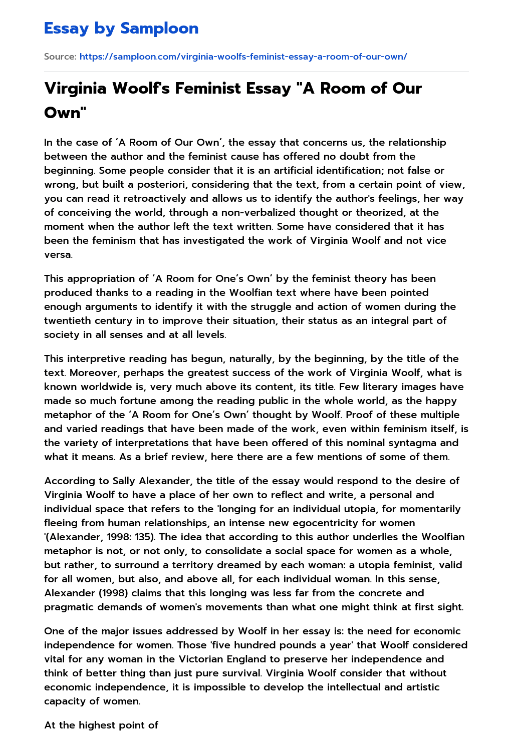 ≫ Virginia Woolf's Feminist Essay "A Room of Our Own" Free Essay Sample