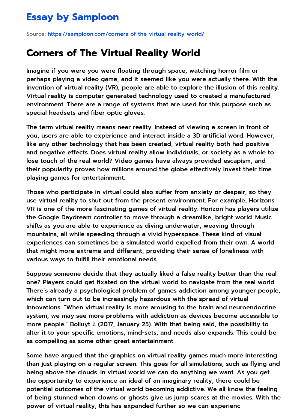 ≫ Corners of The Virtual Reality World Free Essay Sample on