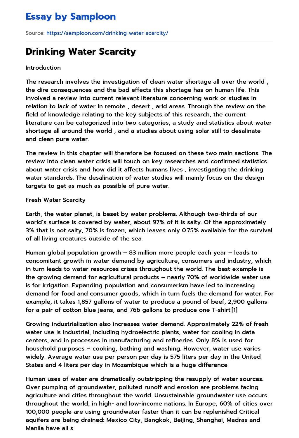 ≫ Drinking Water Scarcity Free Essay Sample on