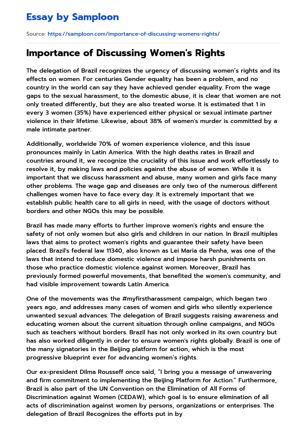 ≫ Importance of Discussing Women's Rights Free Essay Sample on