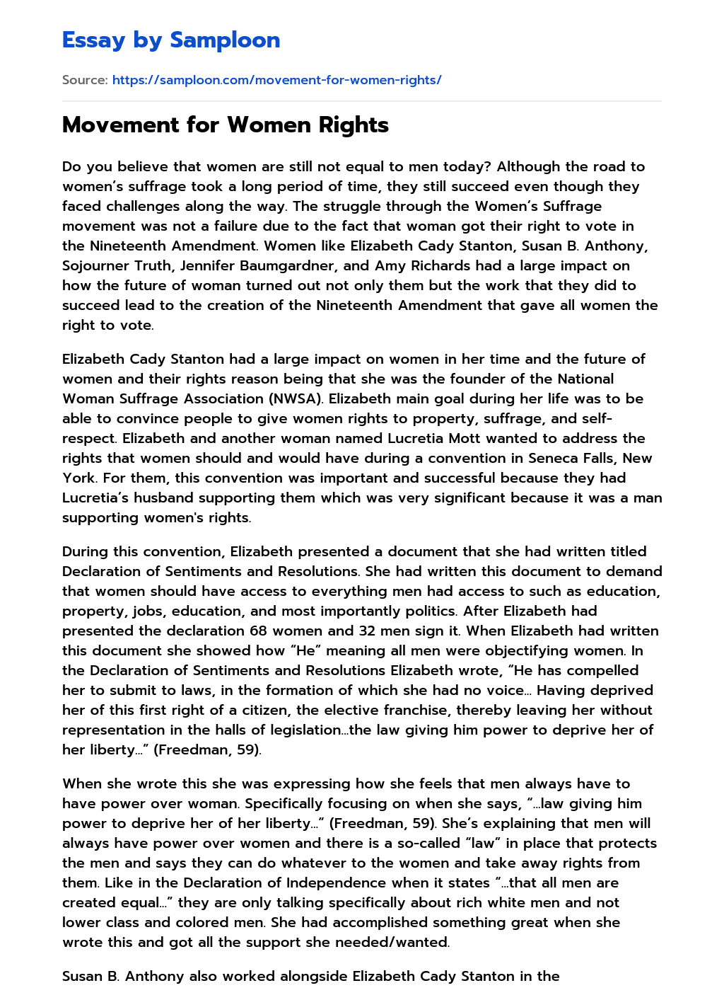 ≫ Movement for Women Rights Free Essay Sample on