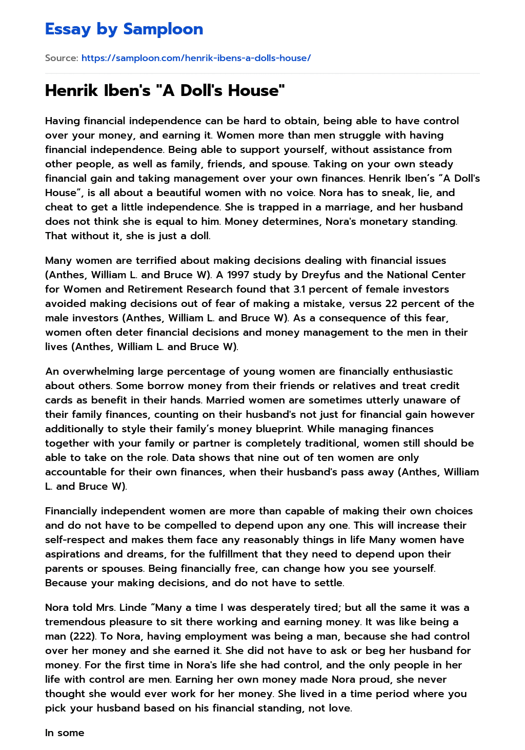 ≫ Henrik Iben's "A Doll's House" Free Essay Sample on