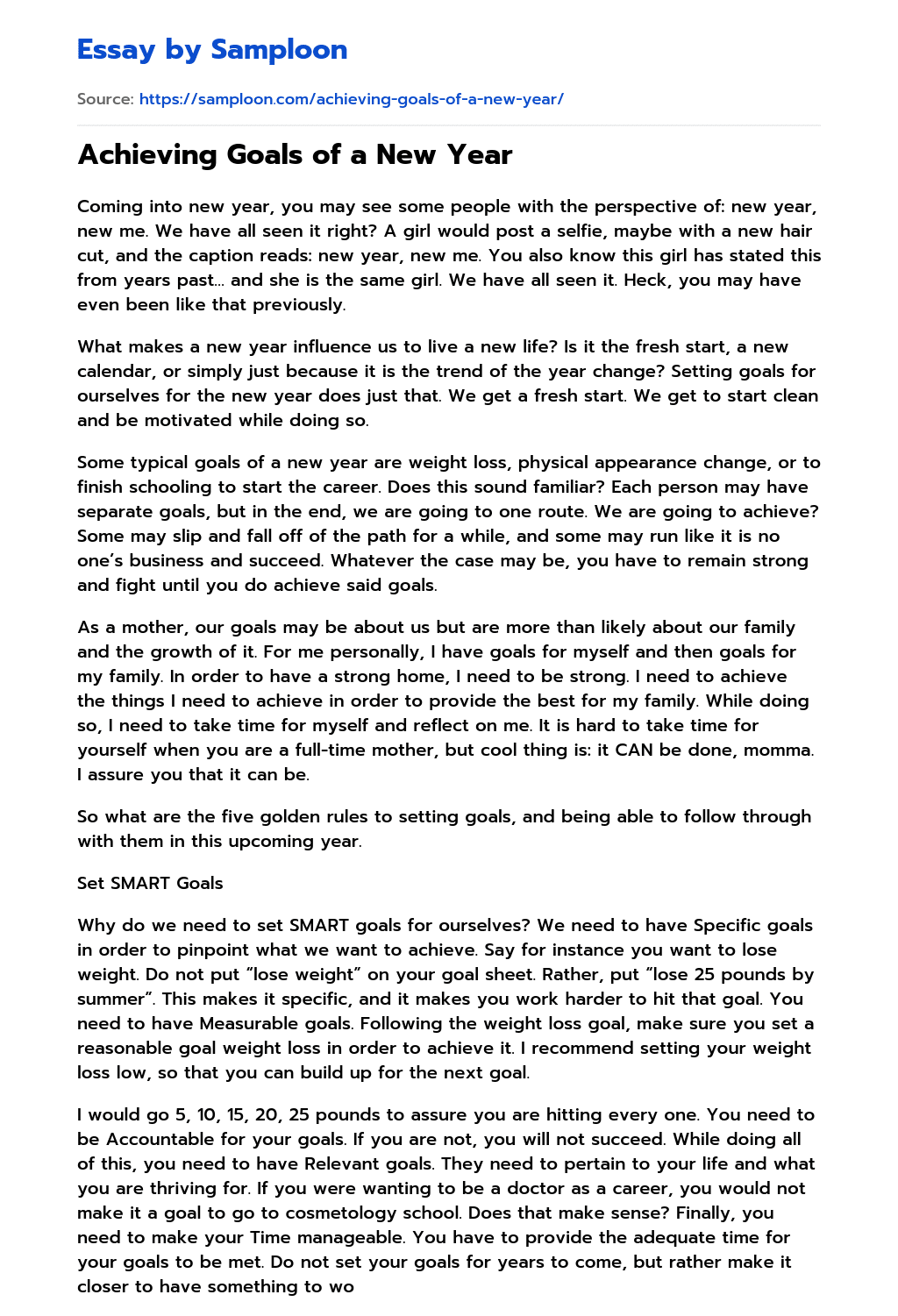 ≫ Achieving Goals of a New Year Free Essay Sample on