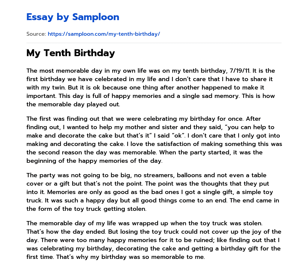 ≫ My Tenth Birthday Free Essay Sample on