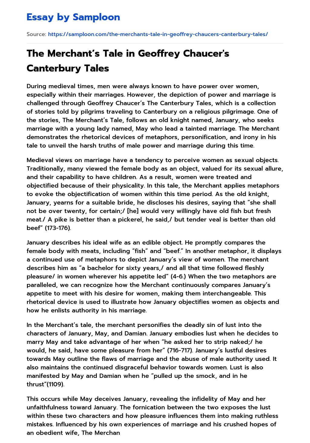 ≫ The Merchant’s Tale in Geoffrey Chaucer's Canterbury Tales Free Essay