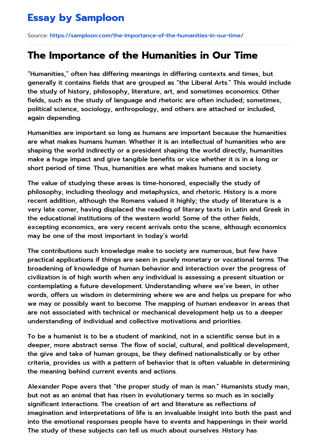 ≫ The Importance of the Humanities in Our Time Free Essay Sample on