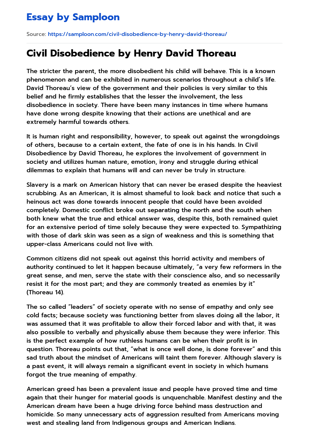 ≫ Civil Disobedience by Henry David Thoreau Free Essay Sample on