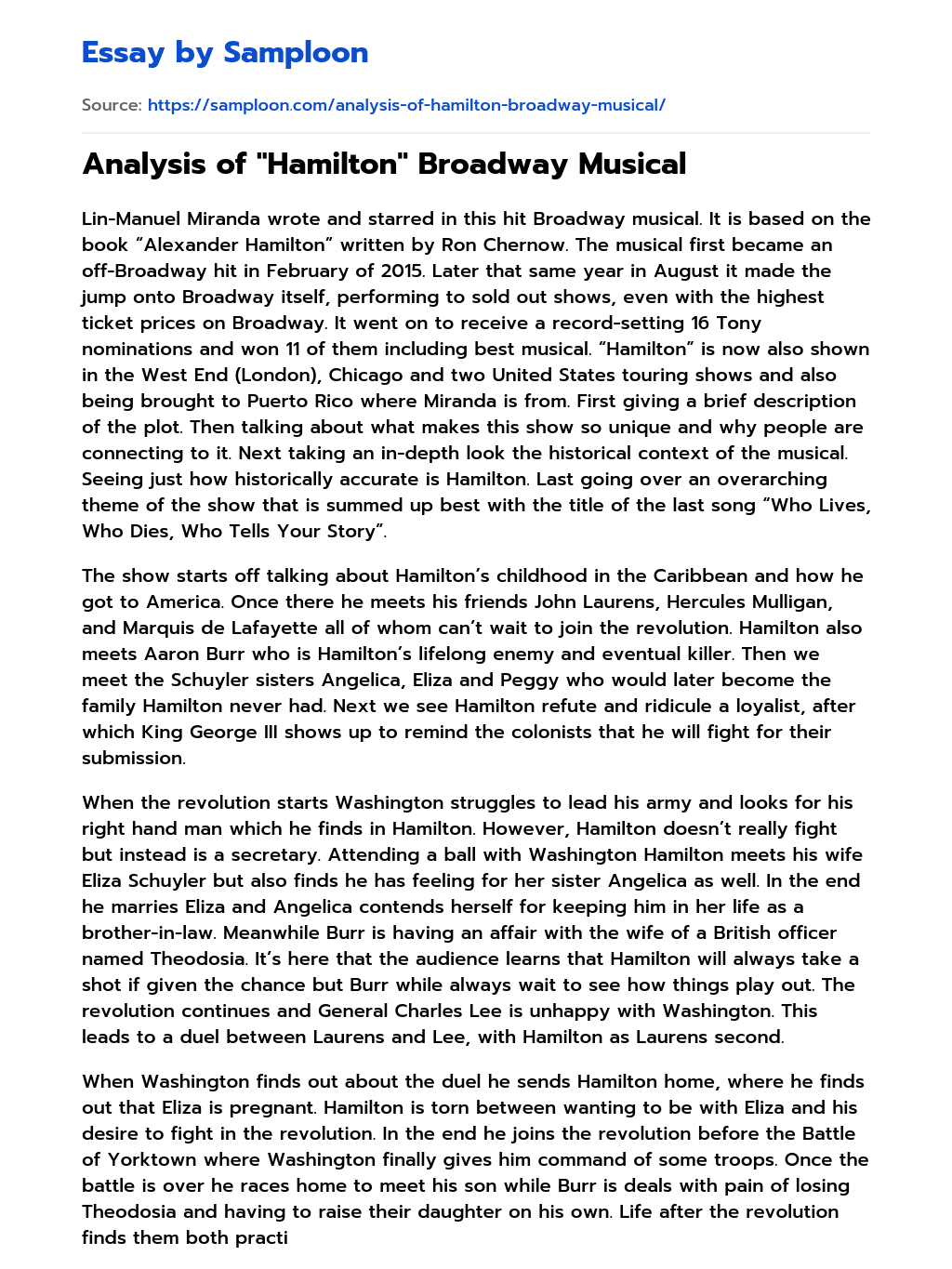≫ Analysis of "Hamilton" Broadway Musical Free Essay Sample on