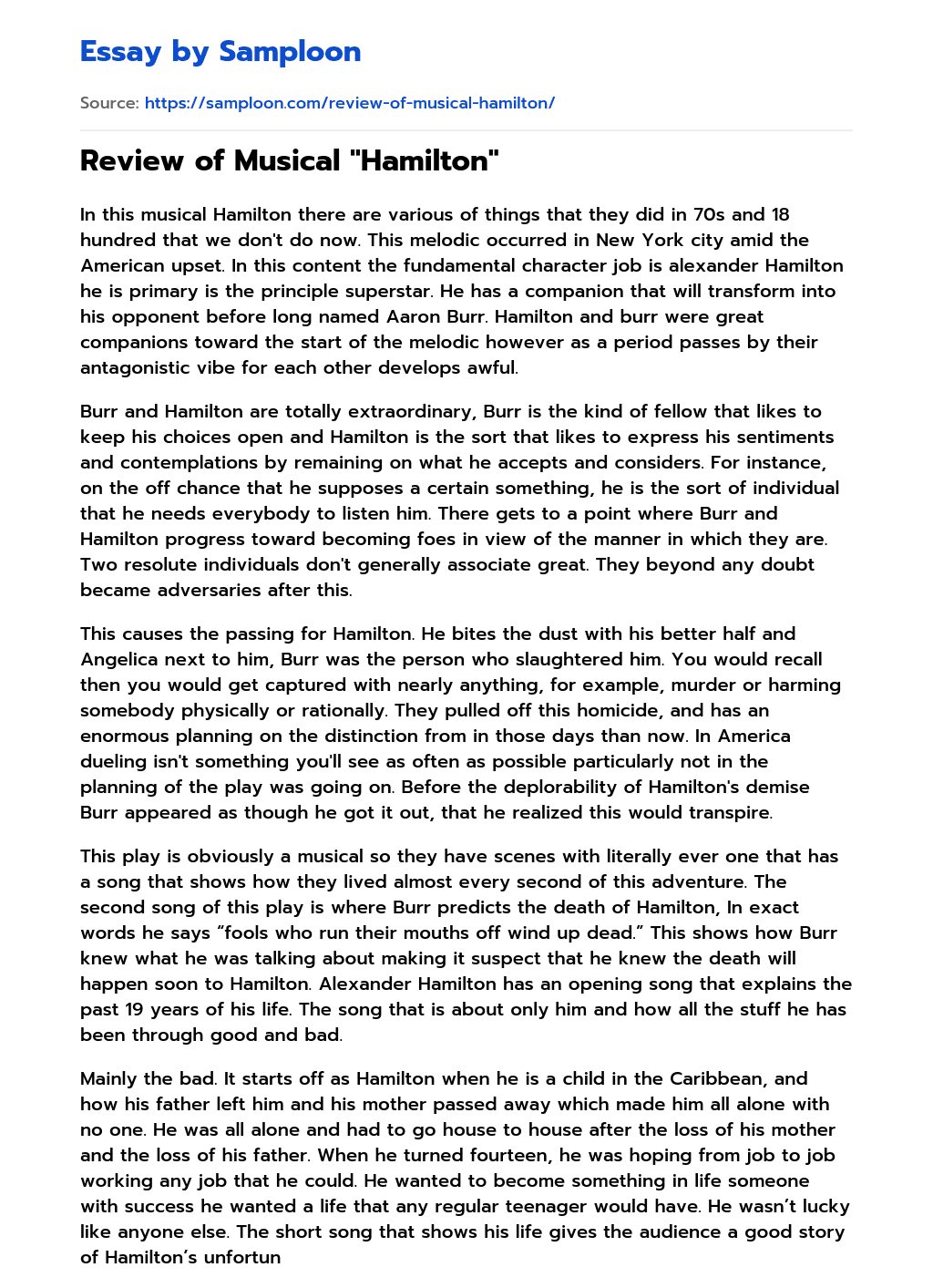 ≫ Review of Musical "Hamilton" Free Essay Sample on