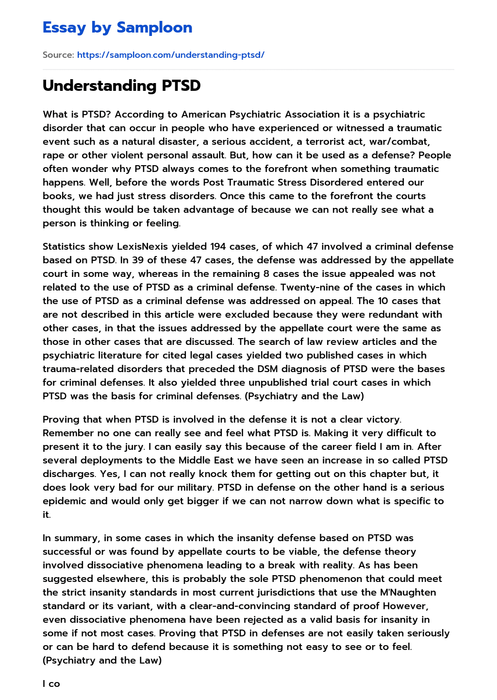 ≫ Understanding PTSD Free Essay Sample on