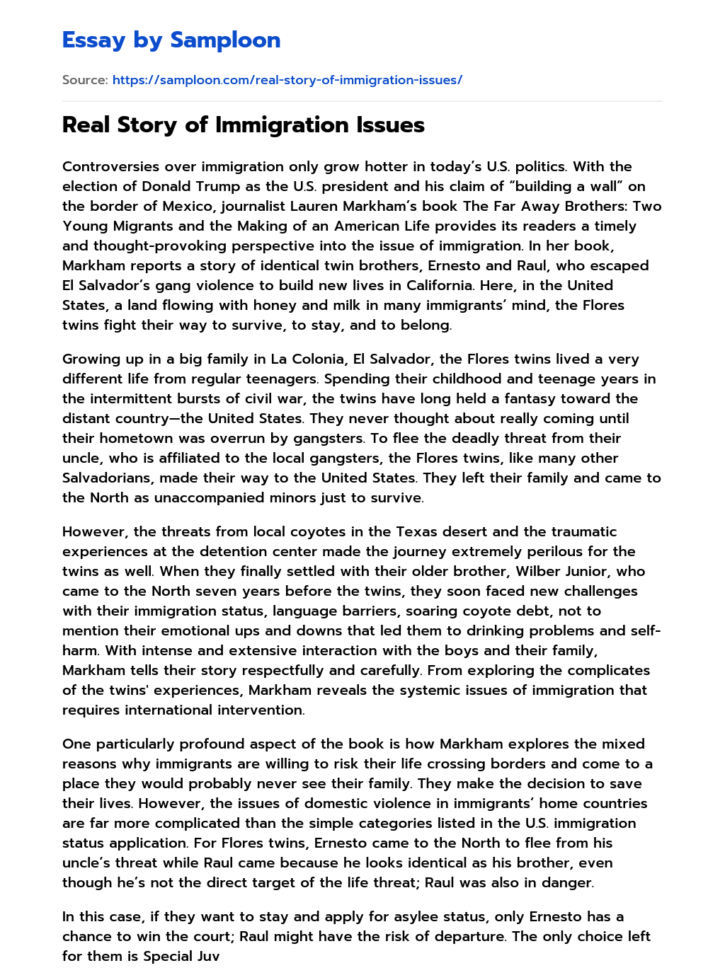 ≫ Real Story of Immigration Issues Free Essay Sample on