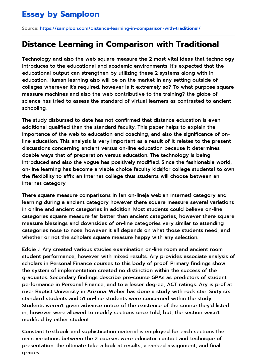 ≫ Distance Learning in Comparison with Traditional Free Essay Sample on