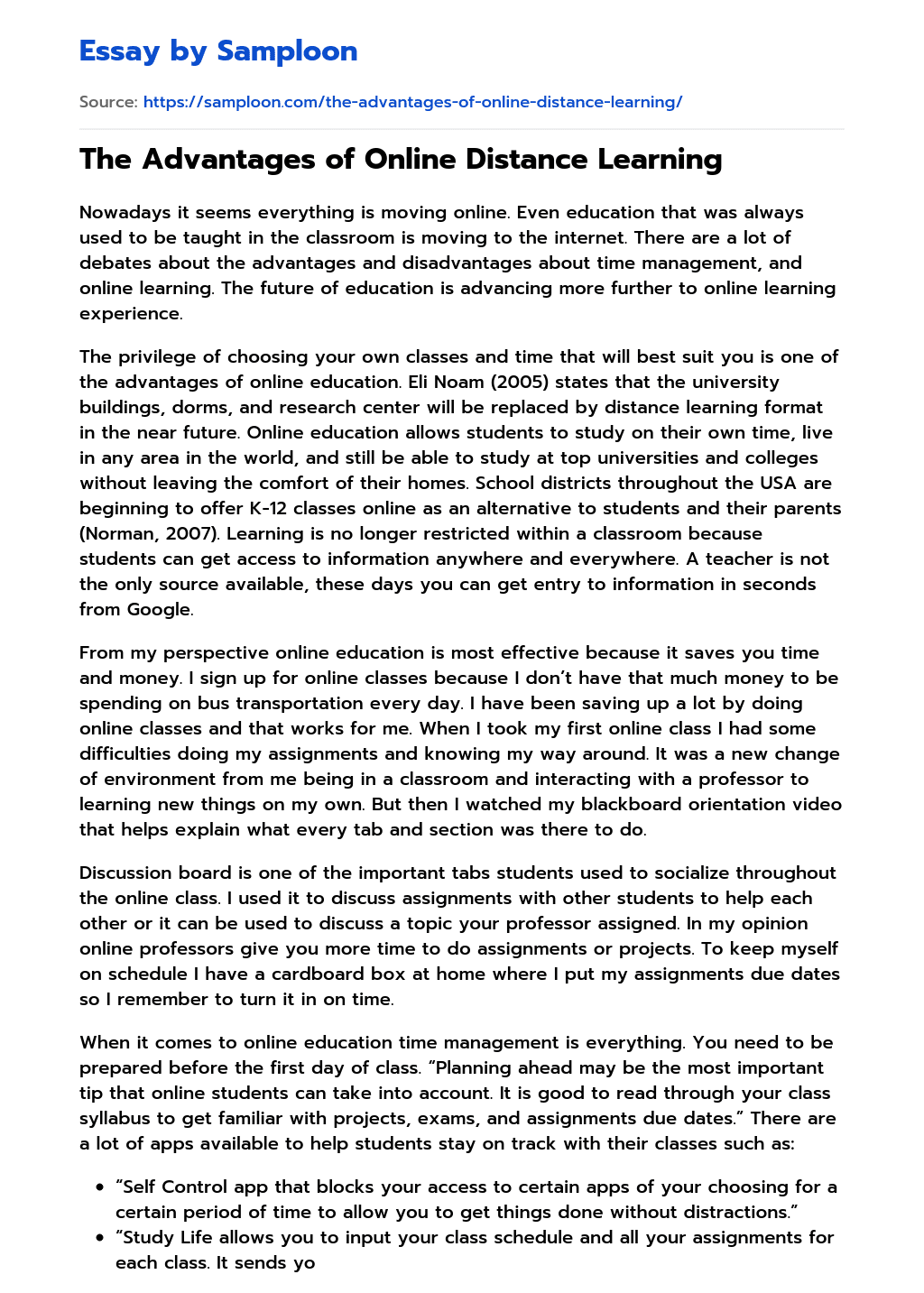 ≫ The Advantages of Online Distance Learning Free Essay Sample on