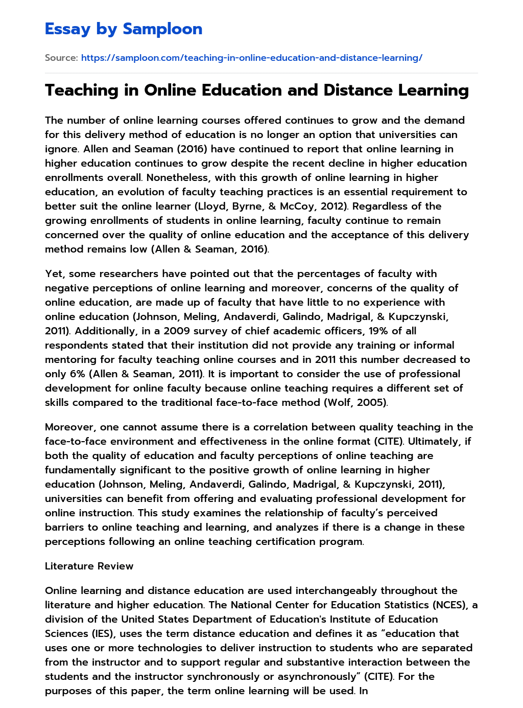 ≫ Teaching in Online Education and Distance Learning Free Essay Sample