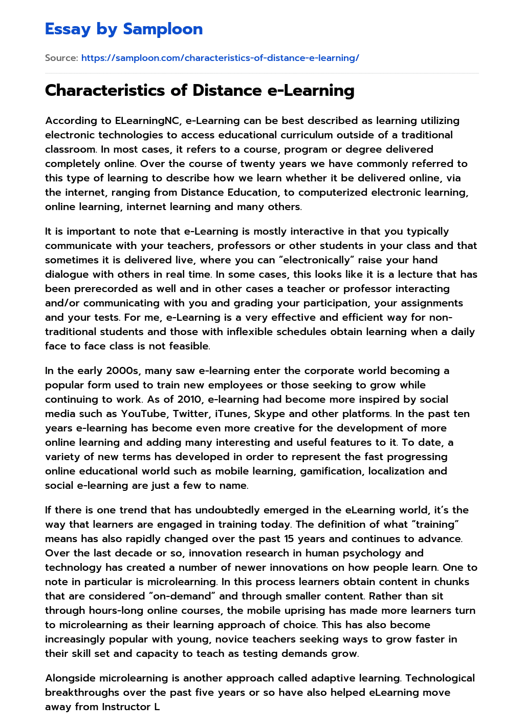 ≫ Characteristics of Distance eLearning Free Essay Sample on