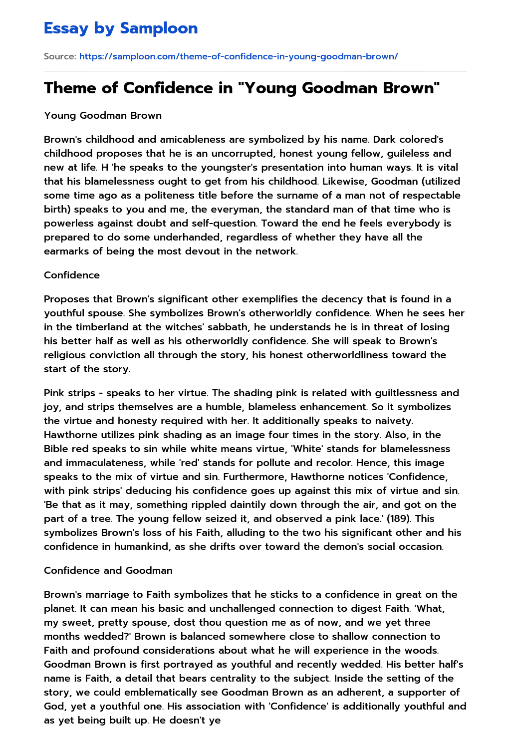 ≫ Theme of Confidence in "Young Goodman Brown" Free Essay Sample on