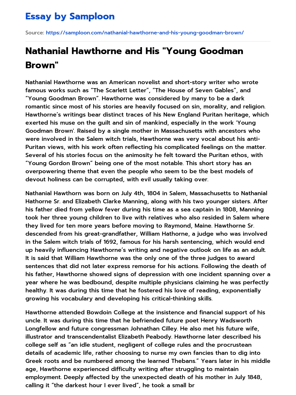 ≫ Nathanial Hawthorne and His "Young Goodman Brown" Free Essay Sample