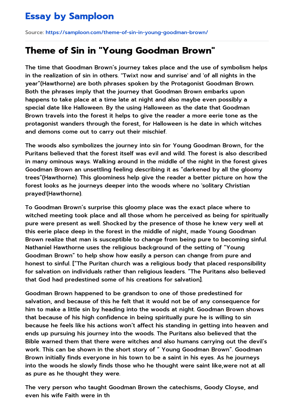 ≫ Theme of Sin in "Young Goodman Brown" Free Essay Sample on