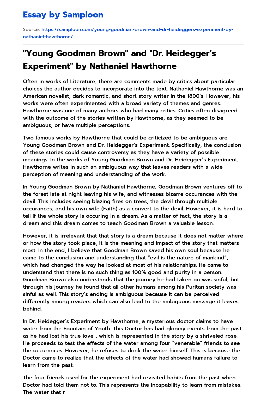 ≫ "Young Goodman Brown" and "Dr. Heidegger’s Experiment" by Nathaniel