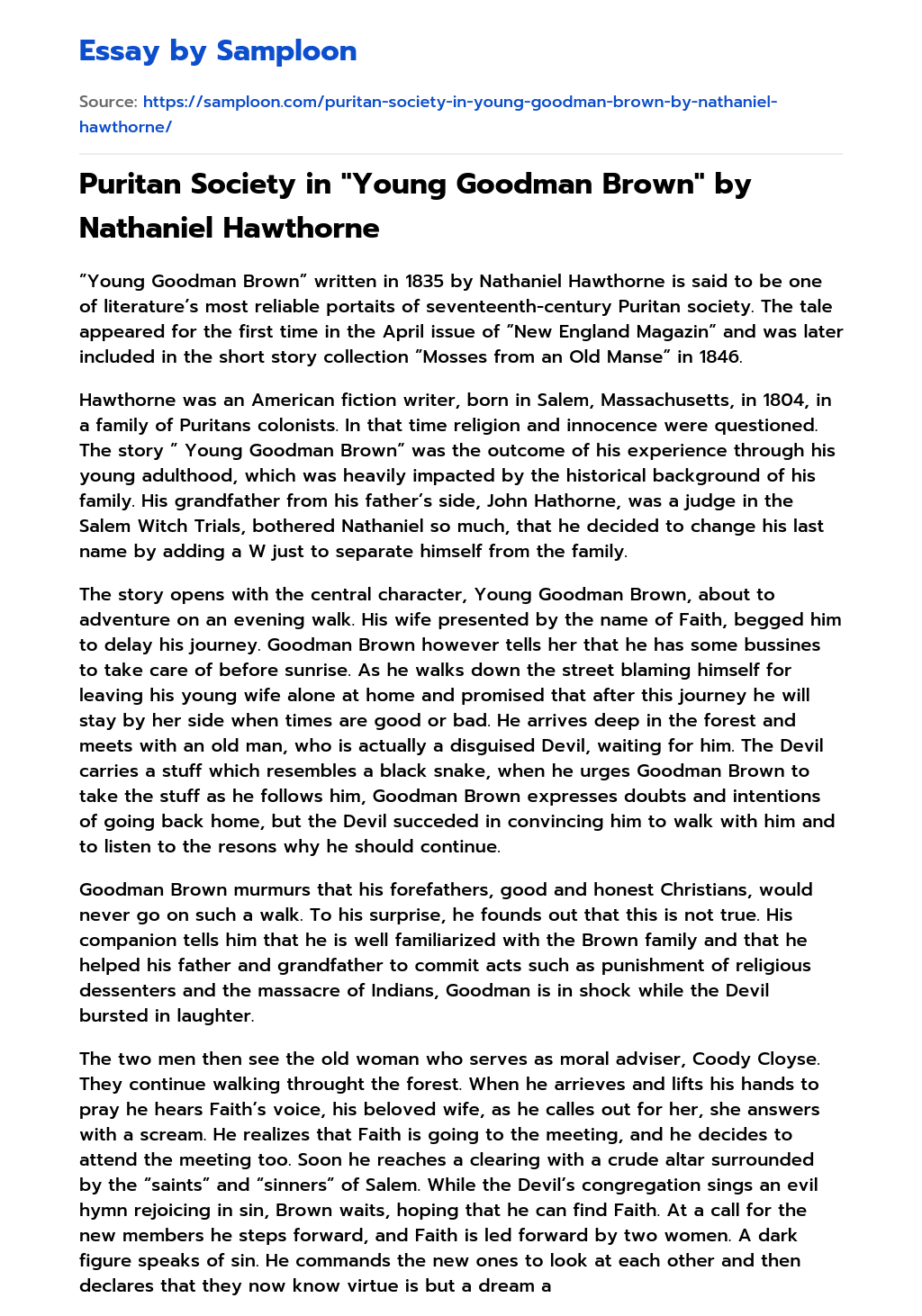 ≫ Puritan Society in "Young Goodman Brown" by Nathaniel Hawthorne Free