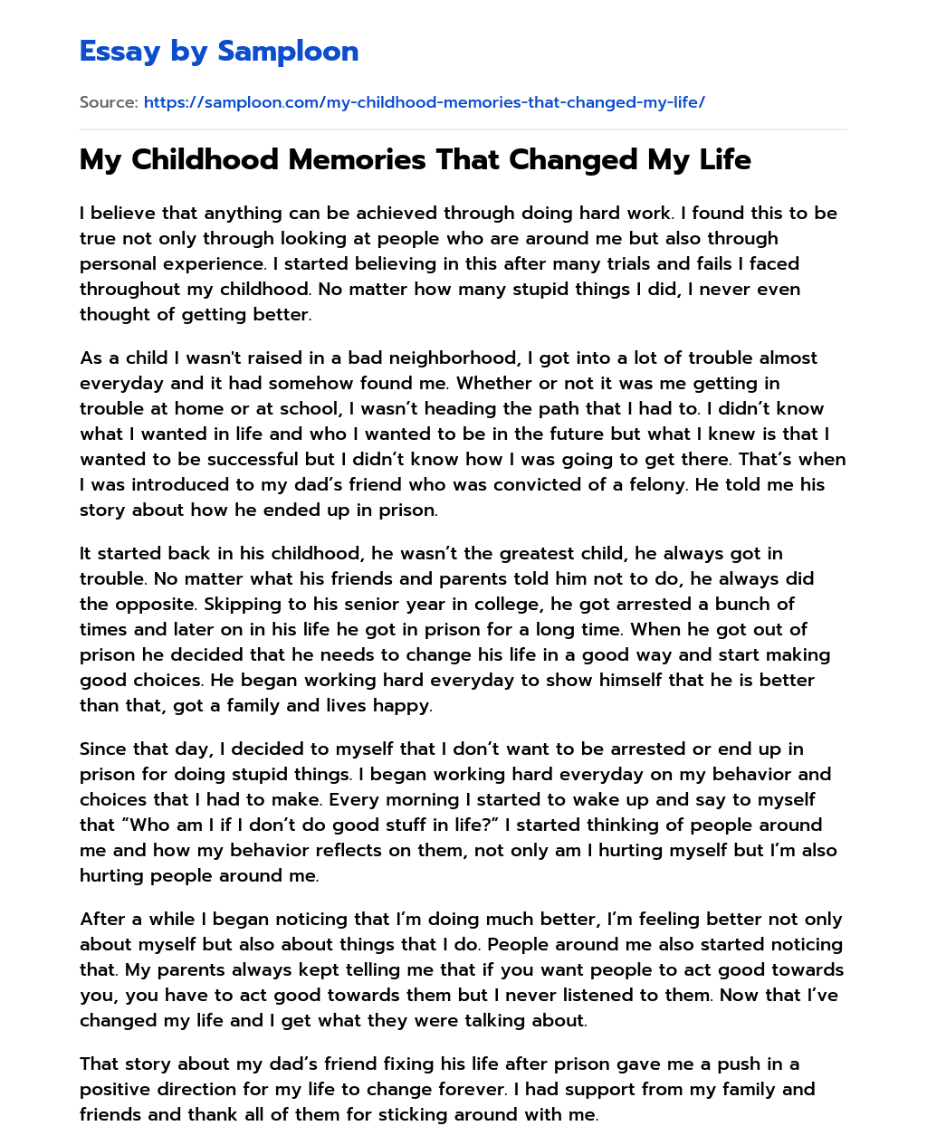 ≫ My Childhood Memories That Changed My Life Free Essay Sample on