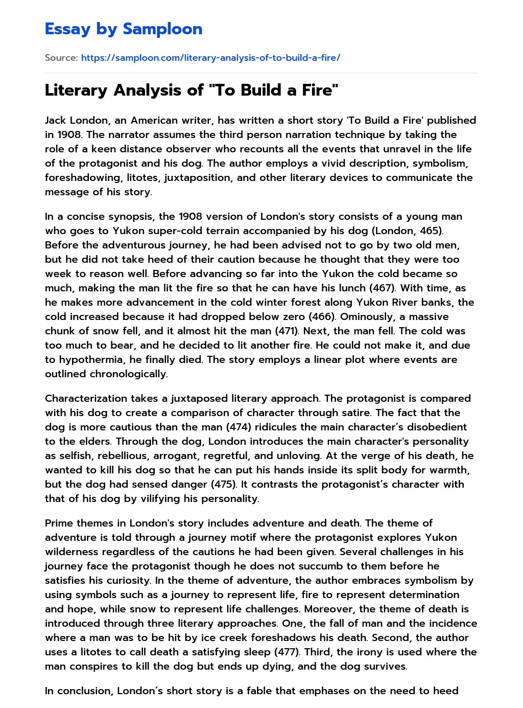 ≫ Literary Analysis of "To Build a Fire" Free Essay Sample on